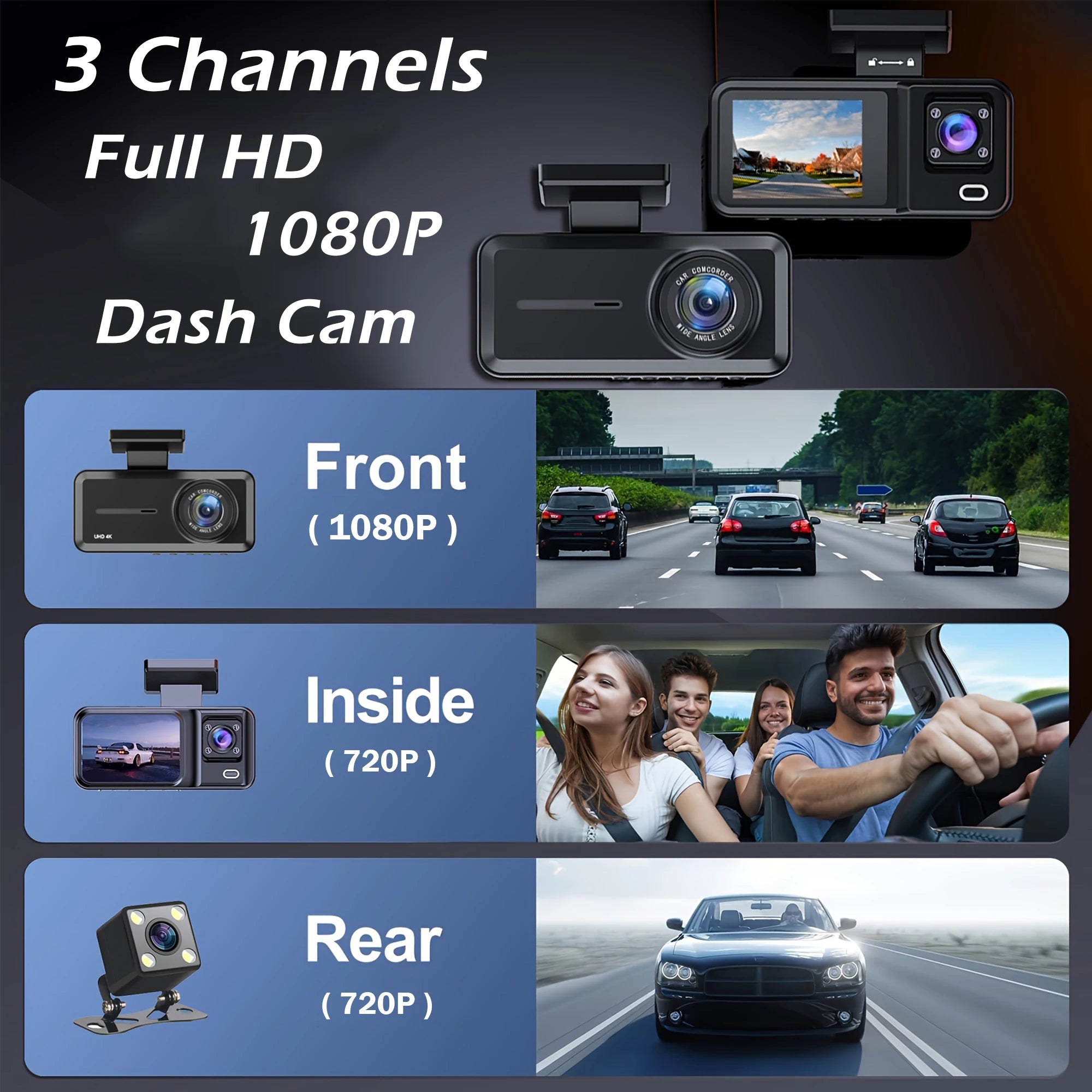 3-Channel 1080P Dash Cam for Cars