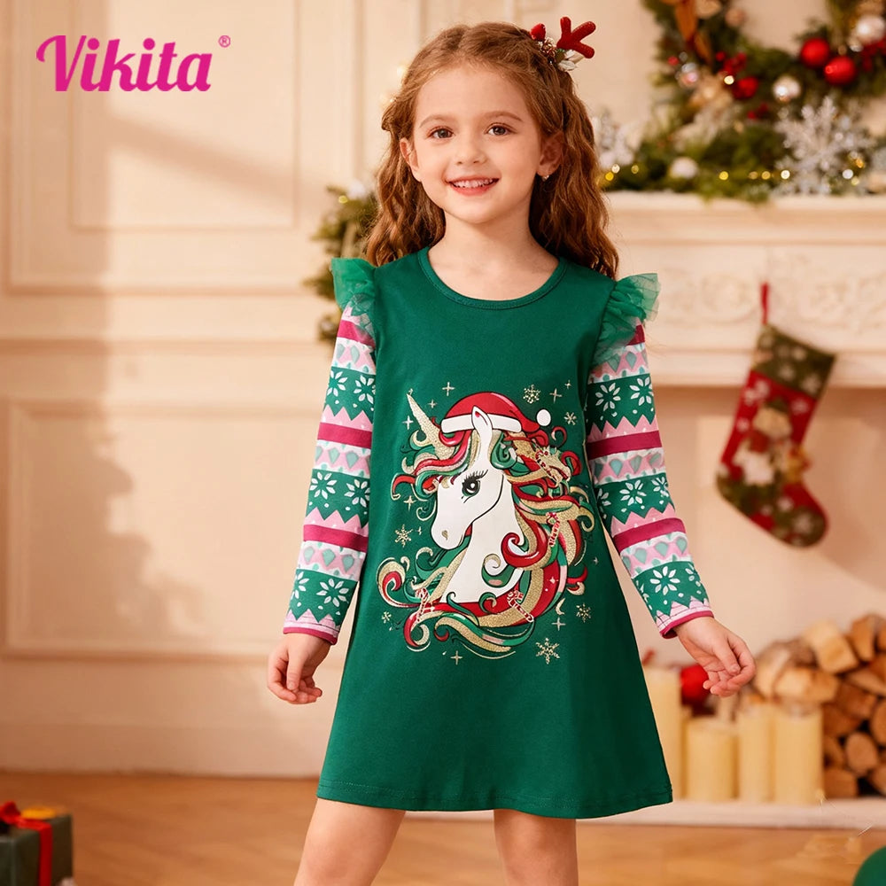 Christmas Unicorn Print Dress for Girls