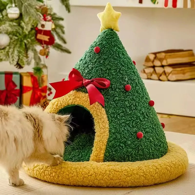 Christmas Cat Nest Bed – Warm Semi-Enclosed Pet House with Washable Pad