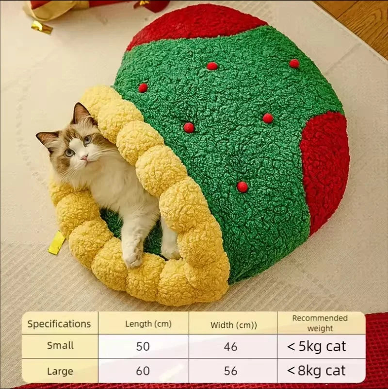 Christmas Cat Nest Bed – Warm Semi-Enclosed Pet House with Washable Pad