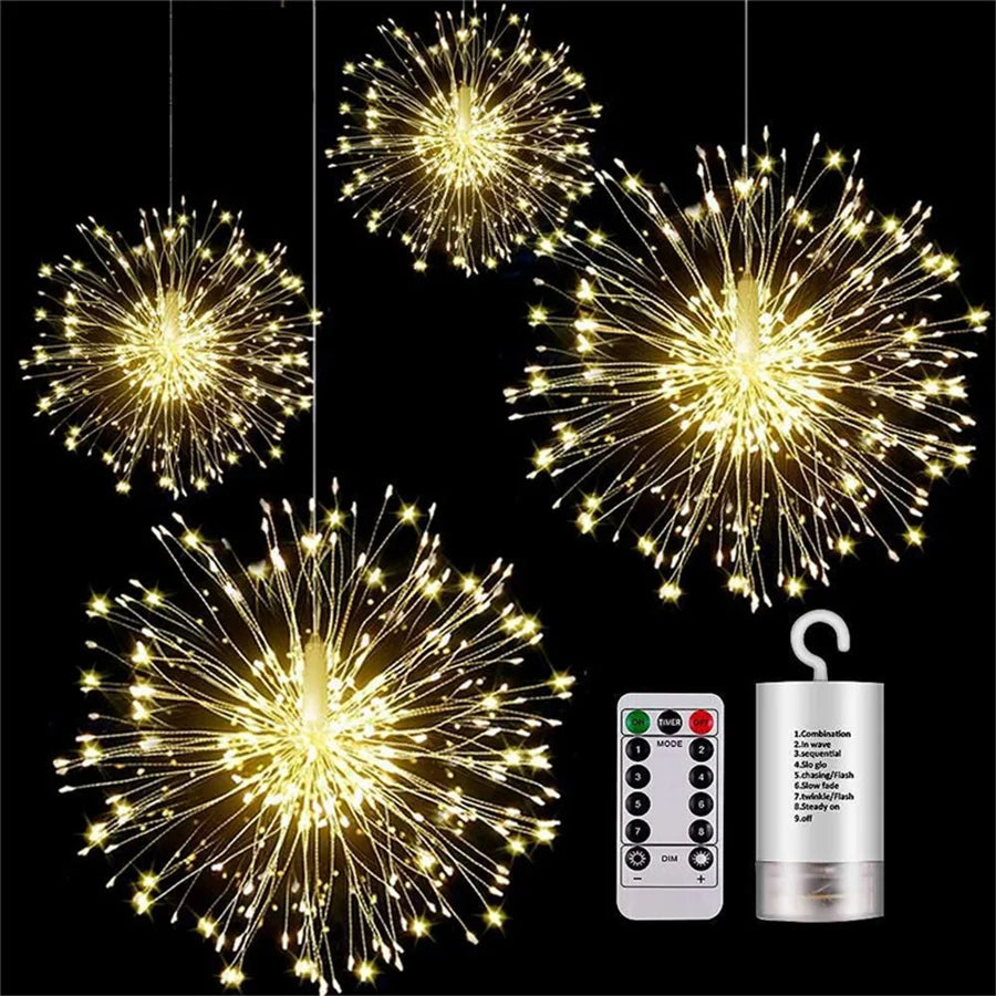 Christmas Firework Fairy Lights – 200 LED Hanging Starburst Garland for Outdoor Décor