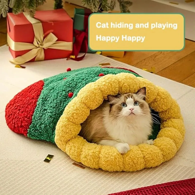 Christmas Cat Nest Bed – Warm Semi-Enclosed Pet House with Washable Pad