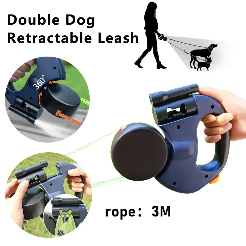 Retractable Dual ]Leash with LED Light