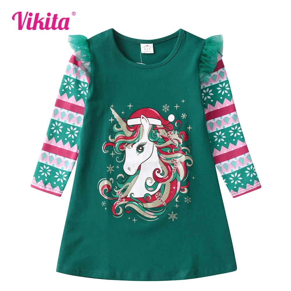 Christmas Unicorn Print Dress for Girls