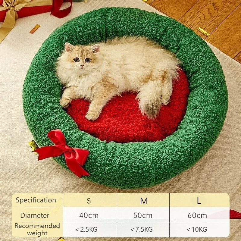 Christmas Cat Nest Bed – Warm Semi-Enclosed Pet House with Washable Pad