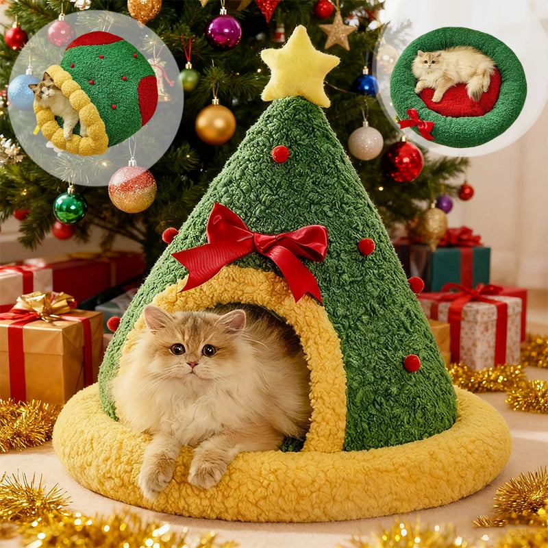 Christmas Cat Nest Bed – Warm Semi-Enclosed Pet House with Washable Pad