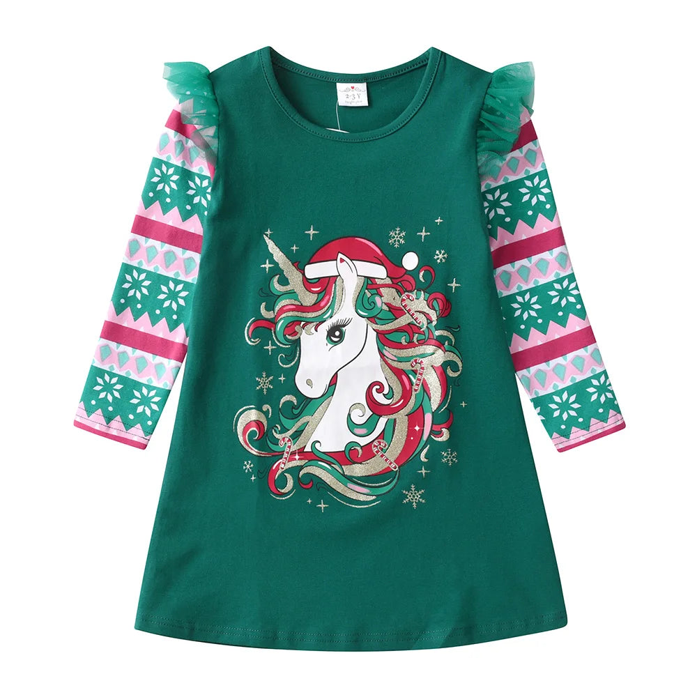 Christmas Unicorn Print Dress for Girls